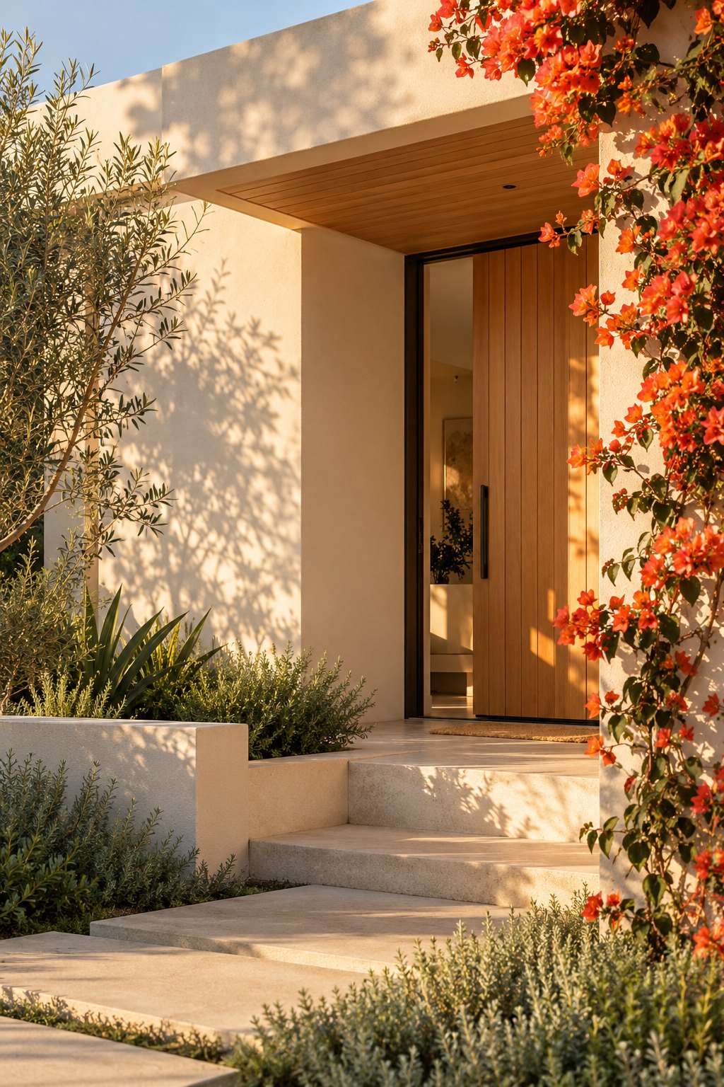 Sunlit home entrance with orange flowers